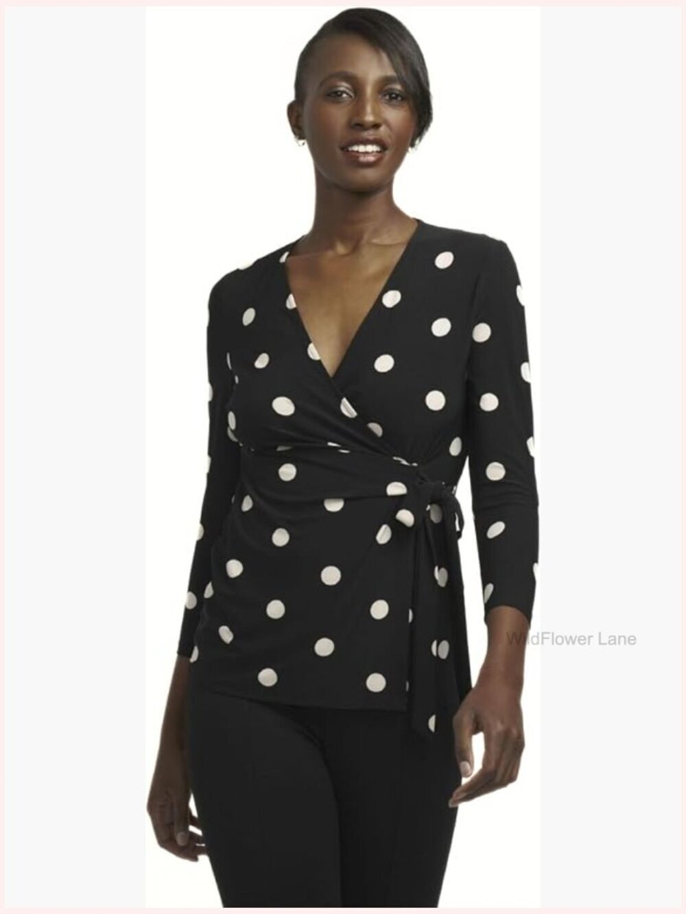 Faux Wrap Polka Dot Blouse - V-Neck 3/4 Sleeve